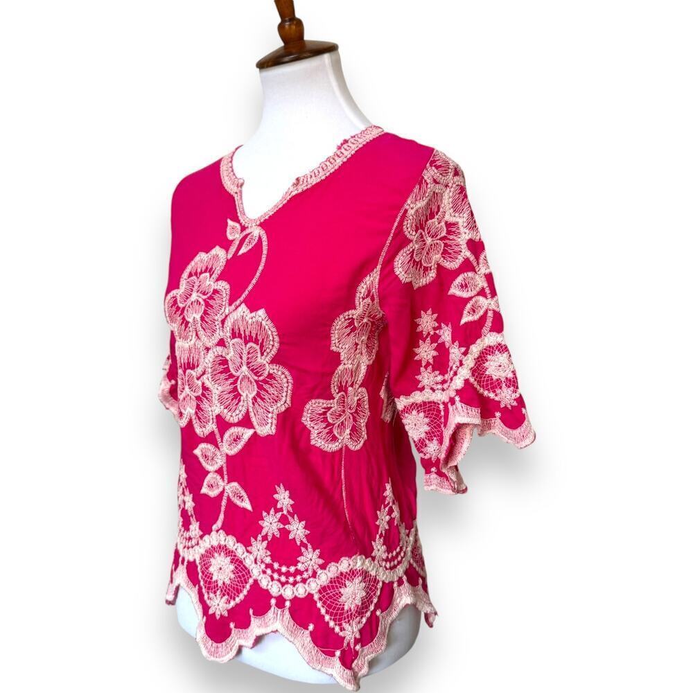 🍀Solitaire Embroidered Floral Bell Sleeve Peasant Boho Top Fuchsia Pink Womens S - Picture 4 of 11